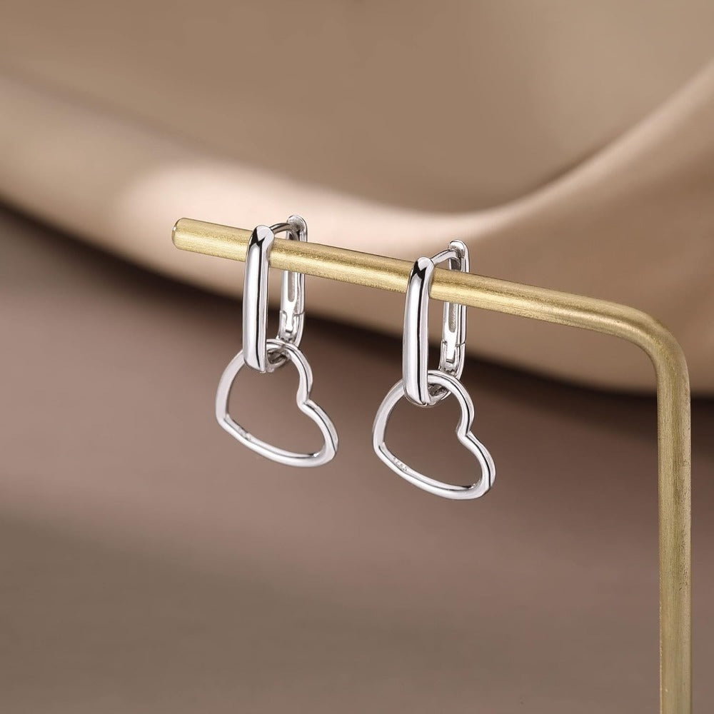 Hoop Earrings for Women - 925 Silver Heart Drop Hoop, Rectangular Link Style - product detail view 9