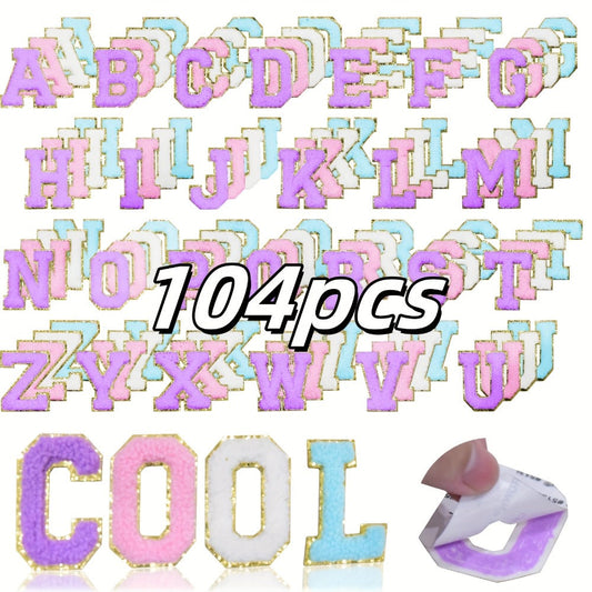 Iron-on Patches - on Letter 104pcs Non-Stick Alphabet Applique Set White Pink Purple Blue - product detail view 2