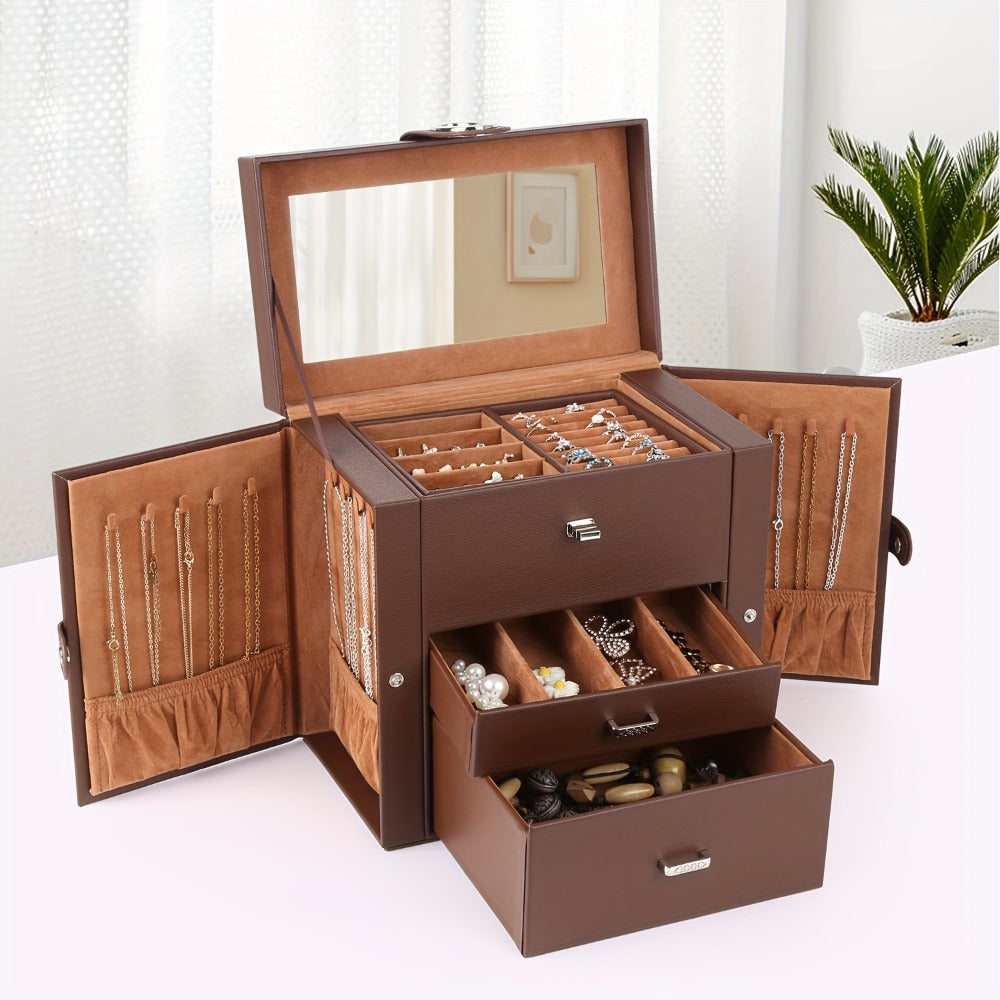 Jewelry Box - Leather with Mirror 3 Layers 2 Drawers Portable Travel Case for Necklaces - product detail view 7