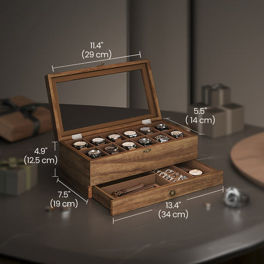Jewelry Box - Watch 12-Slot 2-Tier Display Case with Glass Lid Removable Watch Pillows - product detail view 2