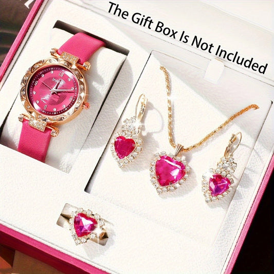 Jewelry Set with Watch - & for Women 5-Piece Rose Red Rhinestone Quartz Wristwatch, Necklace - product detail view 2