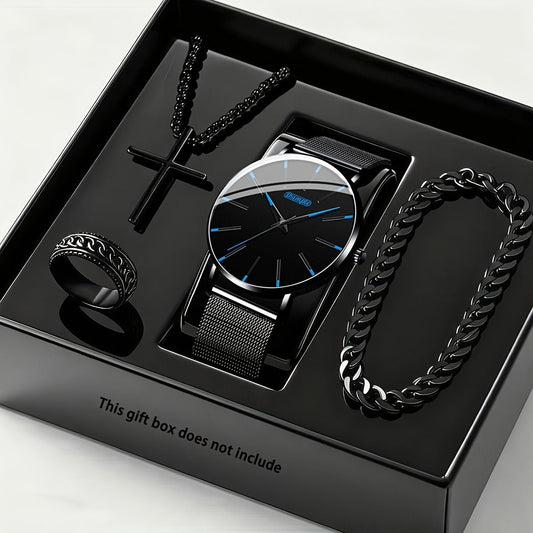 Jewelry Set with Watch - Luxury for Men 4pcs Quartz Analog Bracelet Necklace Gift Box Business - product detail view 2