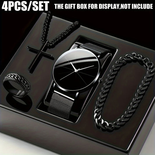 Jewelry Set with Watch - Men's & 4pcs Quartz , Ring, Necklace & Bracelet Fashion Accessory Bundle - product detail view 2