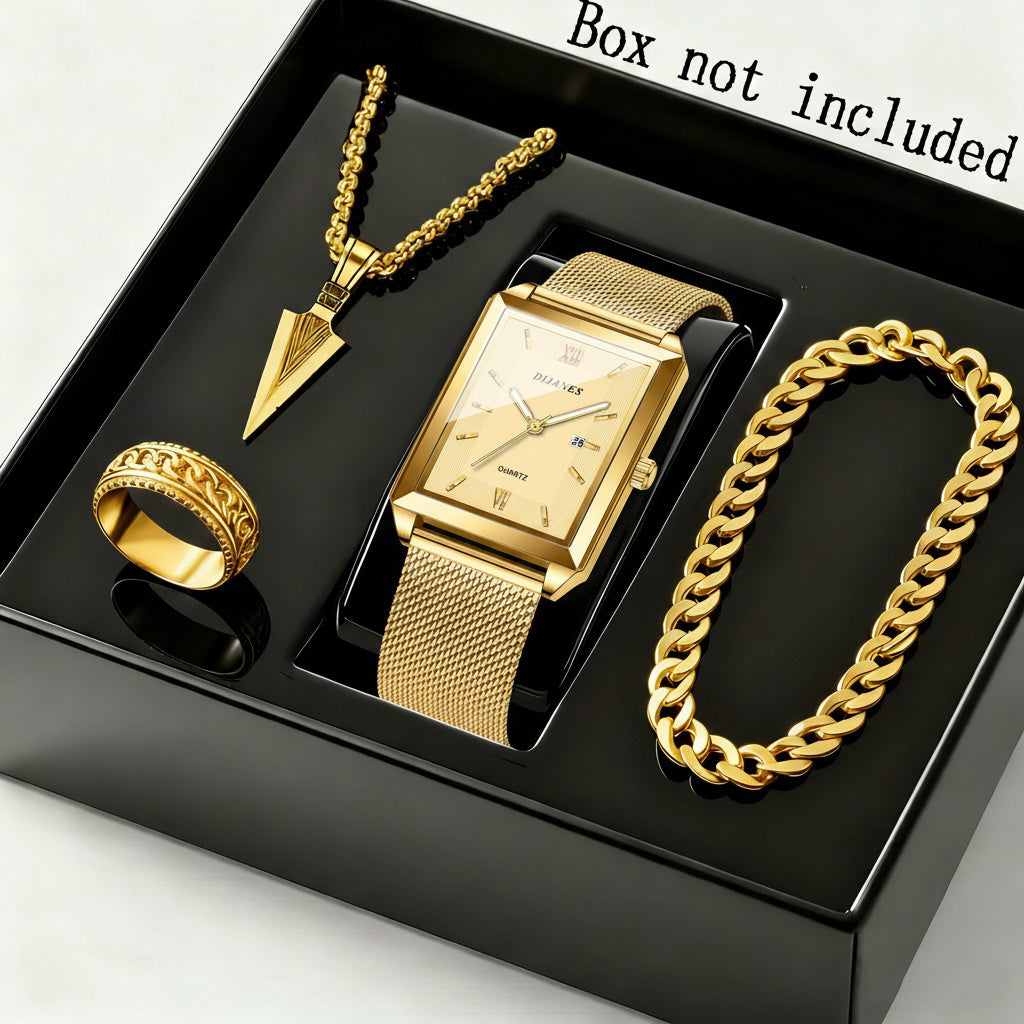 Jewelry Set with Watch - Men's & Gift 4-Piece Quartz , Necklace, Bracelet & Ring, Zinc Alloy - product detail view 9
