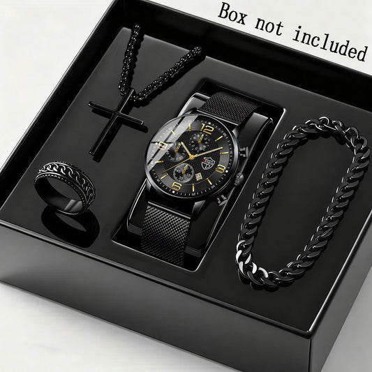 Jewelry Set with Watch - Men's & Gift 4-Piece Quartz Date , Stainless Steel Bracelet & Necklace - product detail view 2