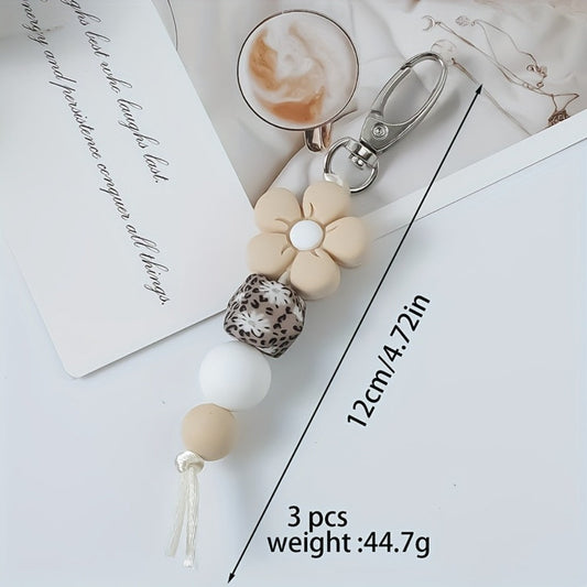 Keychain - Flower Bead Set 3 Pcs - Cute Mini Floral Beaded for Women Girls, Handmade - product detail view 2