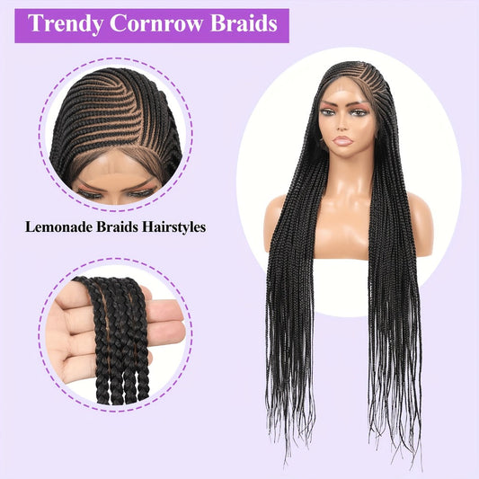 Lace Front Wig - Box Braids Synthetic HD Full 36 Inch - Black Straight Hair for Women - product detail view 2