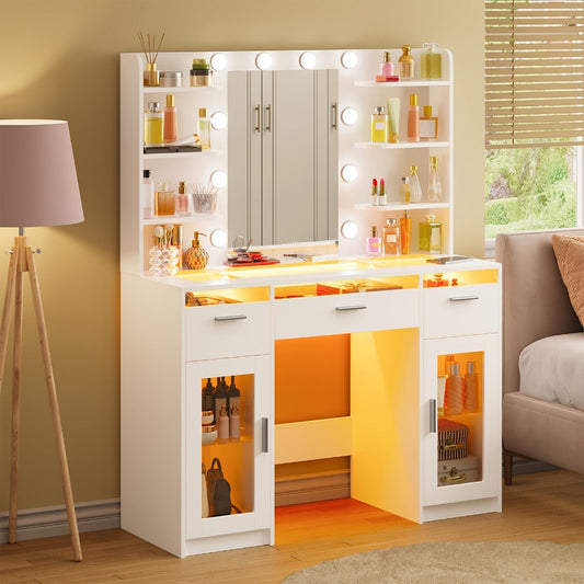 Makeup Vanity Desk with Lighted Mirror for Dressing and Daily Routines detail image