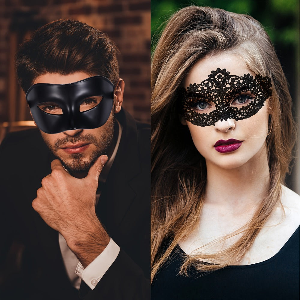 Masquerade Masks - for Couples 2 Pieces Black Venetian Costume Ball Mask Set Halloween - product detail view 6