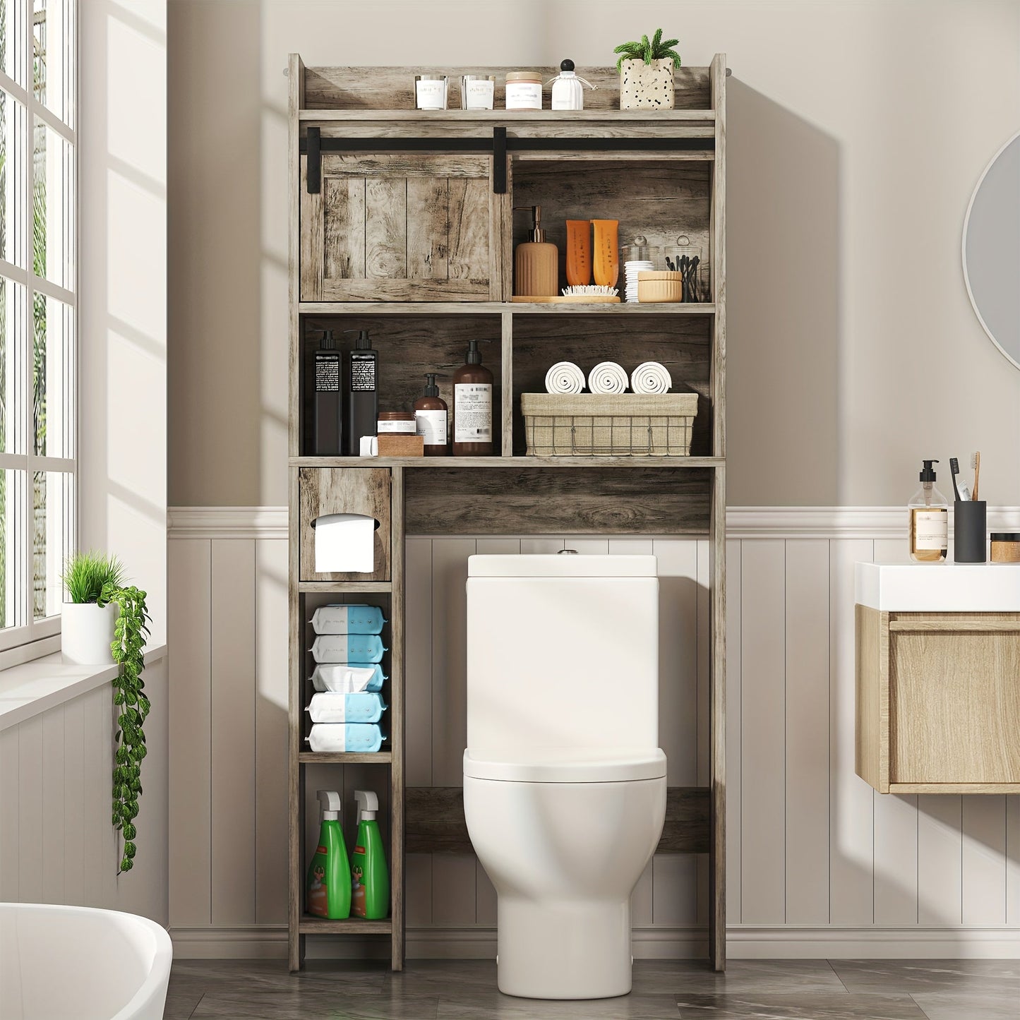 Over The Toilet Cabinet shown in the Light Grey option