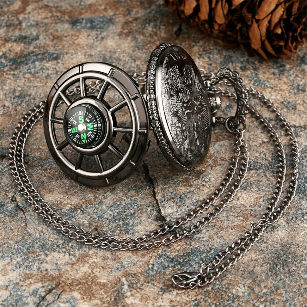 Pocket Watch - Vintage Hollow Skeleton Compass Design Black Starry Round Dial Pendant - product detail view 5