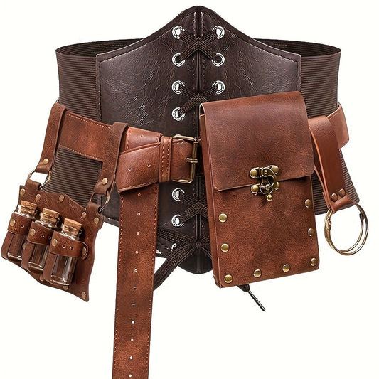Renaissance Costume Sets - Accessories Set 5 Pcs Adults PU Leather Belt, Corset, Sword Sheath, Potion - product detail view 2