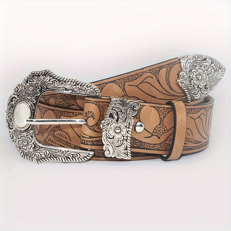 Men's Belt - Floral Embossed PU for Women - Vintage Western Carving Buckle Leather - product detail view 9