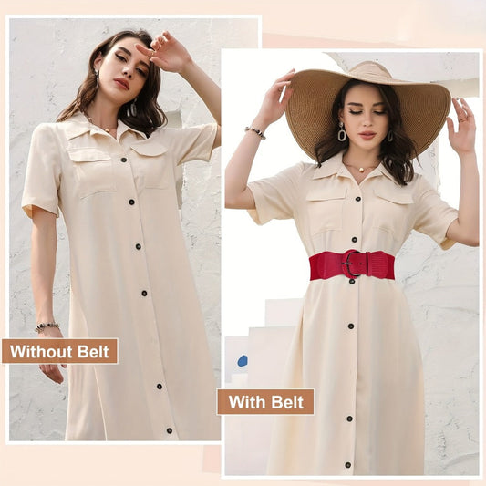 Women's Belt - Wide for 2Pcs Set - Elastic Needle Buckle Waist for Dresses, Black Red & - product detail view 2