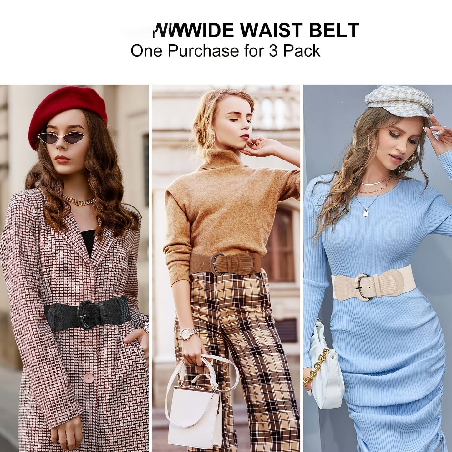 Women's Belt - Wide Waist Set 3pcs for | Vintage Matte Elastic Braided Bow with Hook - product detail view 11