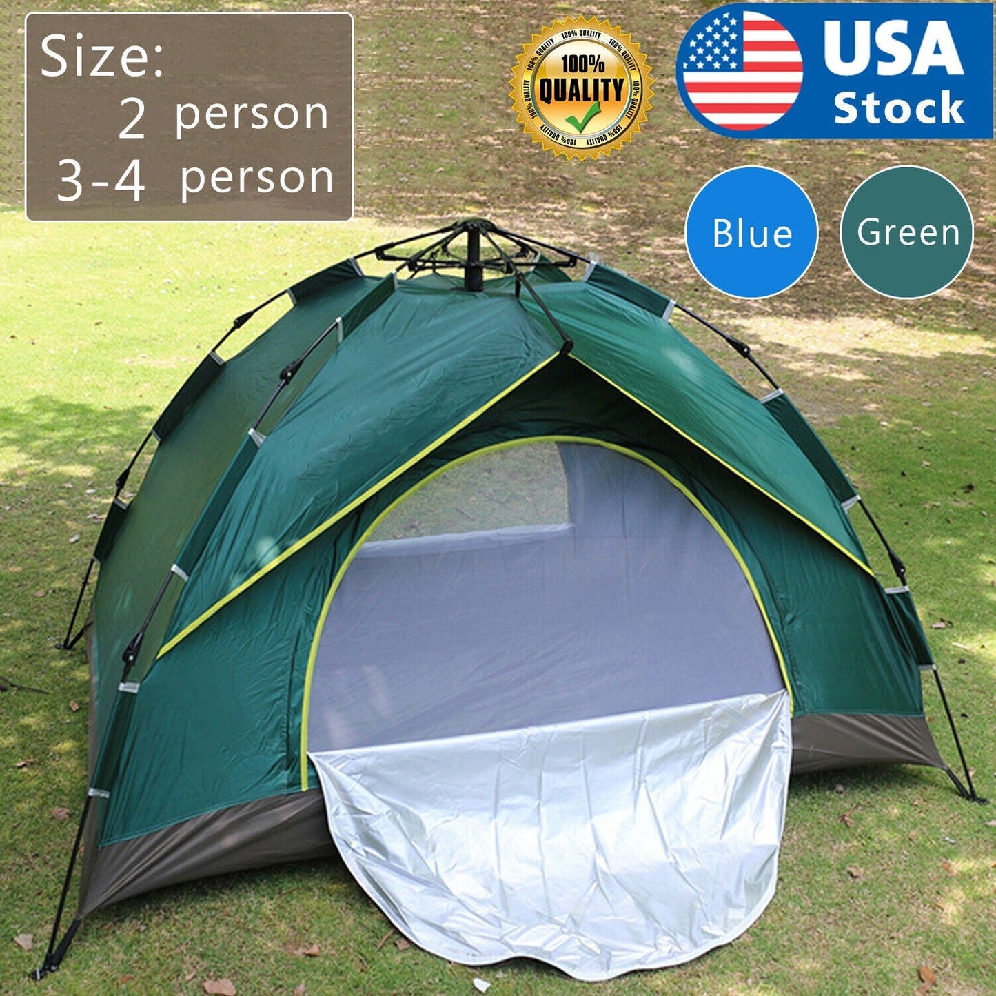 Pop-Up Camping Tent in Green 2-Person or 3-to-4-Person Checkout Configurations with Dual Doors