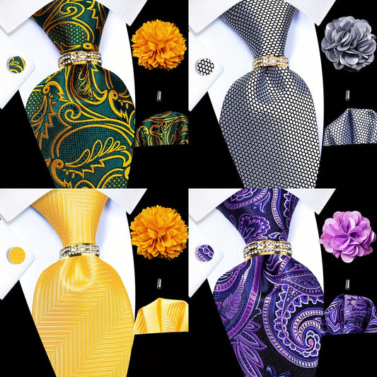 Men's Necktie - Paisley Tie Set for 5 Piece Silk Pocket Square Cufflinks Tie Ring Lapel - product detail view 2