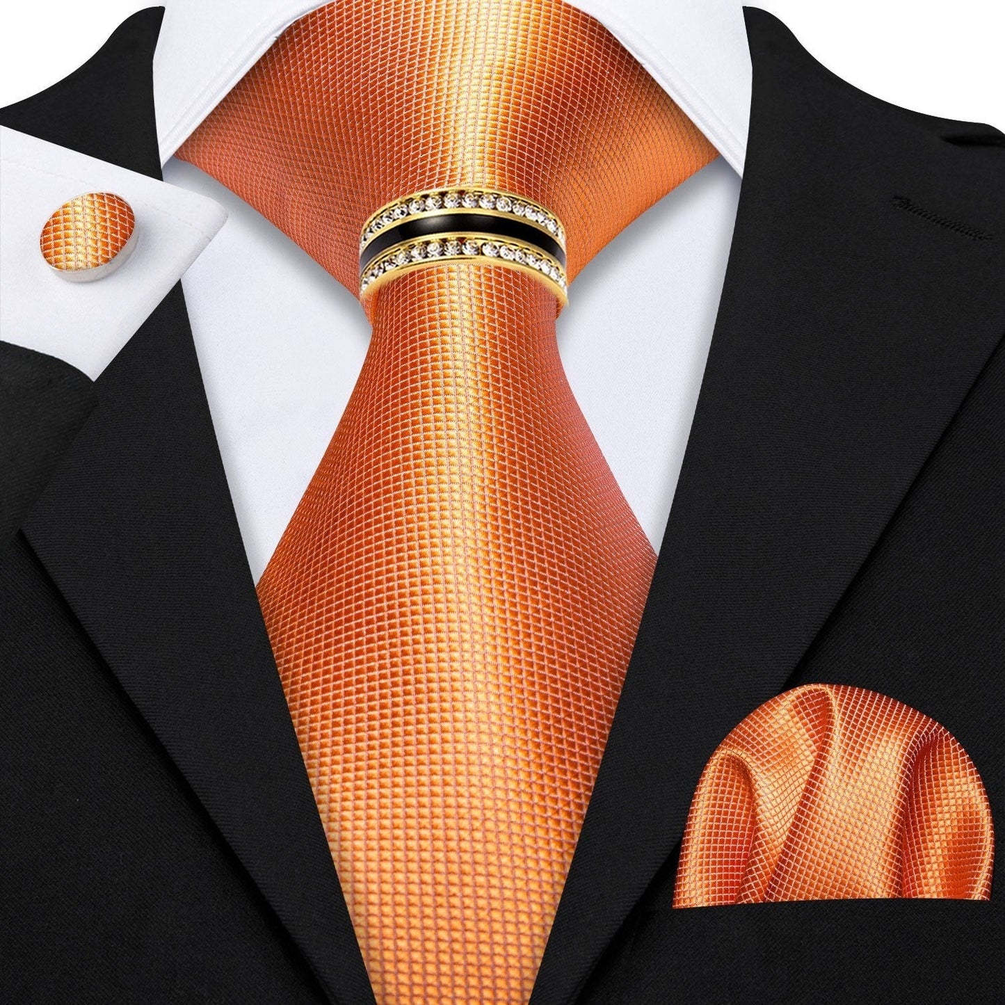 Men's Necktie - 's Set with Pocket Square Cufflinks & Golden Ring | Woven Tie for Wedding - product detail view 18