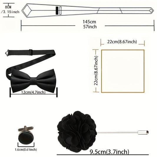 Men's Necktie - Satin Tie Set for 5 Piece Bow Tie Pocket Square Lapel Pin Cuff Links - product detail view 2