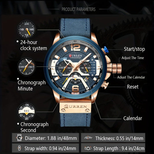Men's Quartz Watch - CURREN Business Chronograph Faux Leather Strap Analog Date Stopwatch - product detail view 2