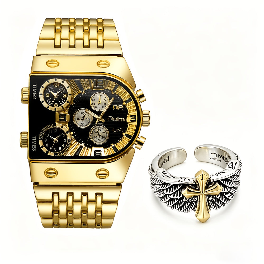 Men's Quartz Watch - Gold for Luxury Chronograph Roman Numeral Dial Date Multi-Timezone Alloy - product detail view 14