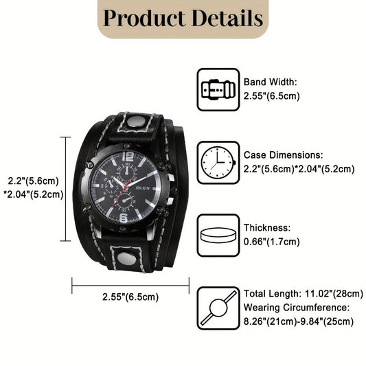 Men's Quartz Watch - Gothic Punk Leather Cuff Wristwatch for Wide Genuine Leather Band - product detail view 2
