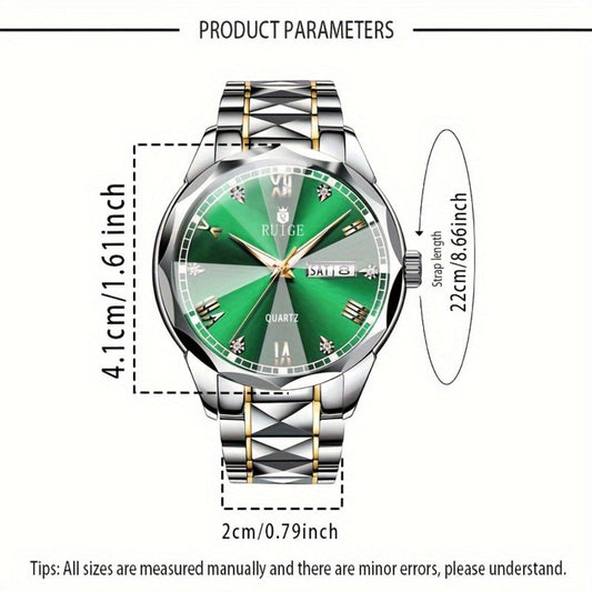 Men's Quartz Watch - Luxury Sports Stainless Steel Luminous Calendar Day Display Wristwatch - product detail view 2
