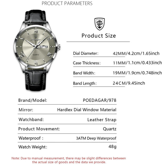 Men's Quartz Watch - POEDAGAR 978P 's 3ATM Waterproof Date Display PU Leather Band Fashion - product detail view 2