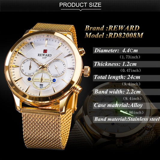 Men's Quartz Watch - REWARD 's Chronograph Luminous Stainless Steel Strap, Date Display, Gold & - product detail view 2