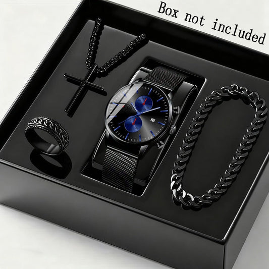 Men's Quartz Watch - 's & Bracelet Gift Set 4-Piece Stainless Steel Date , Necklace & Bracelet - product detail view 2