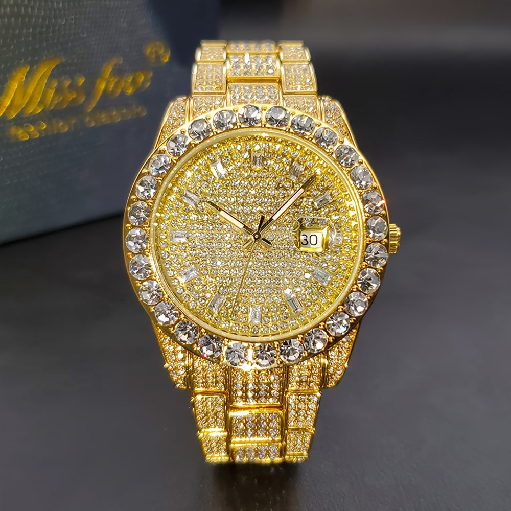 Men's Quartz Watch - 's Business Iced Rhinestone Classic Luxury Bling Wristwatch with Calendar - product detail view 15