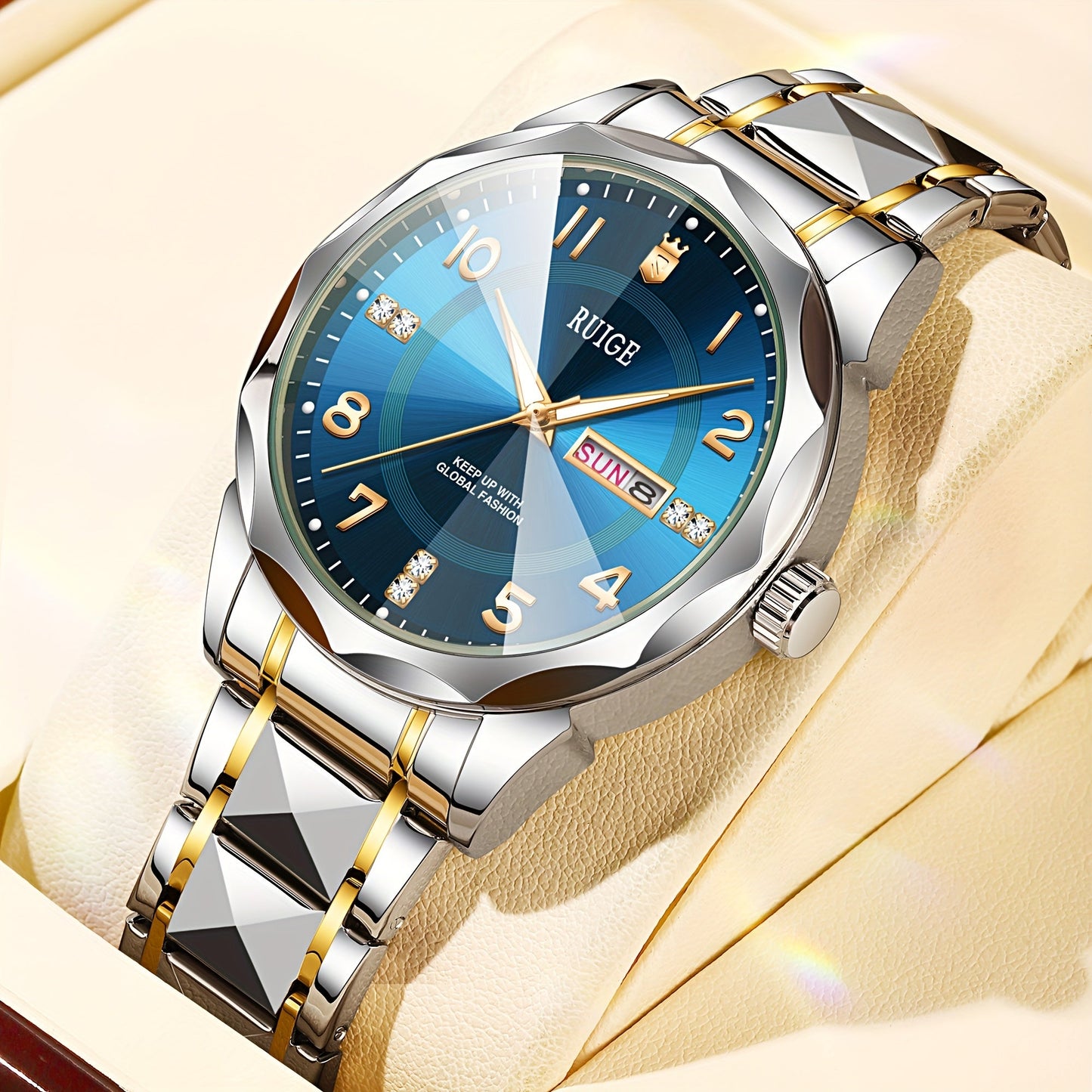 Men's Quartz Watch - 's with Dual Calendar & Night Light | Diamond Shaped Mirror, Stainless - product detail view 30