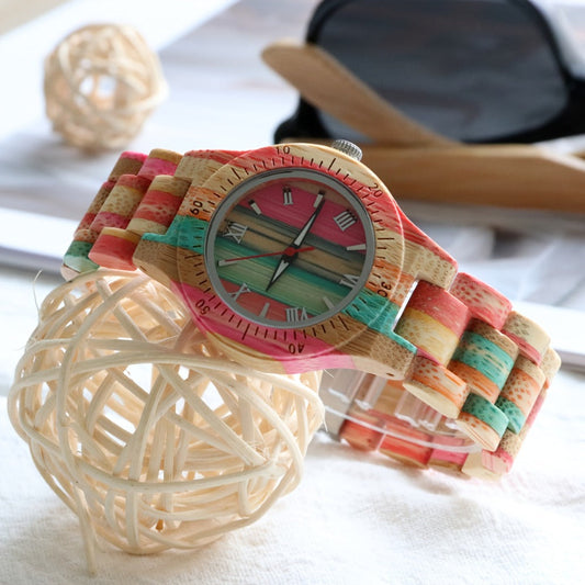 Women's Quartz Watch - Wood for Bamboo Wristwatch Multicolor Natural Wooden Bracelet - product detail view 2