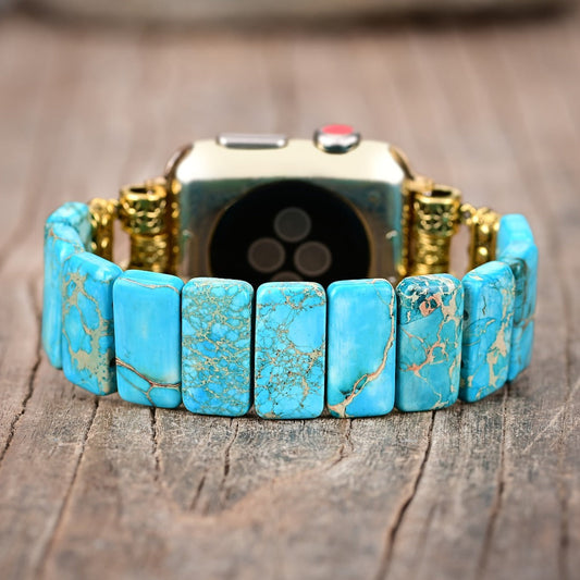 Women's Watch - Natural Stone Apple Band for Lake Blue Imperial Stone Handmade Boho Beaded - product detail view 2