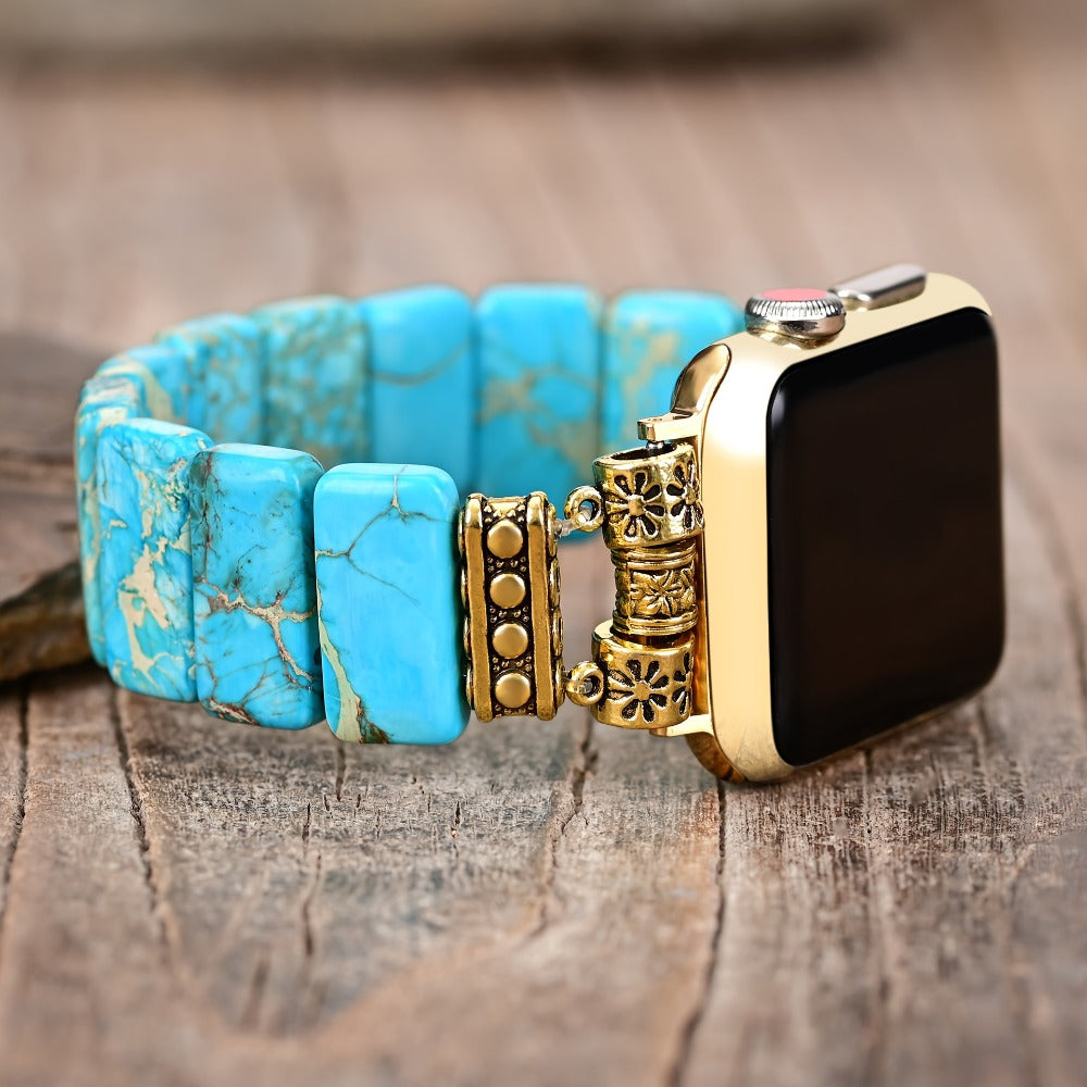 Women's Watch - Natural Stone Apple Band for Lake Blue Imperial Stone Handmade Boho Beaded - product detail view 7