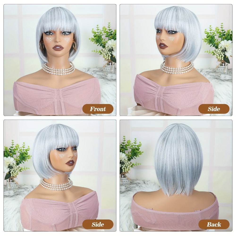 Women's Wig - Gray Short Straight 8 Inch with Bangs for - Silvery Grey Bob for Cosplay - product detail view 7