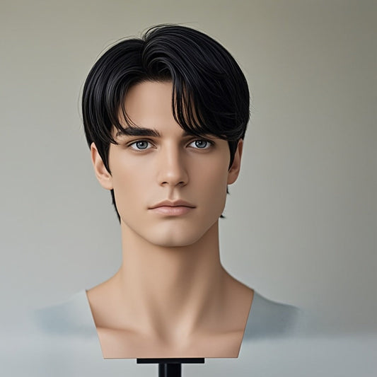 Women's Wig - Short Straight for Men - Natural Black Layered Synthetic Hairpiece, No - product detail view 2