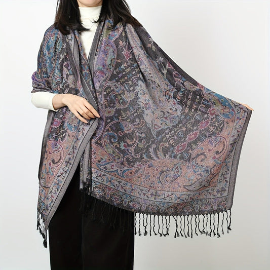 Scarf for Women - Jacquard Shawl Ethnic Cashew Tassel Long Wrap Vintage Multicolor Boho - product detail view 2