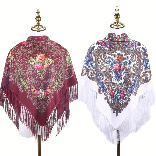 Scarf for Women - Tassel Shawl Set of 2 Vintage Floral Fringe Wrap for Warm Windproof Autumn - product detail view 2
