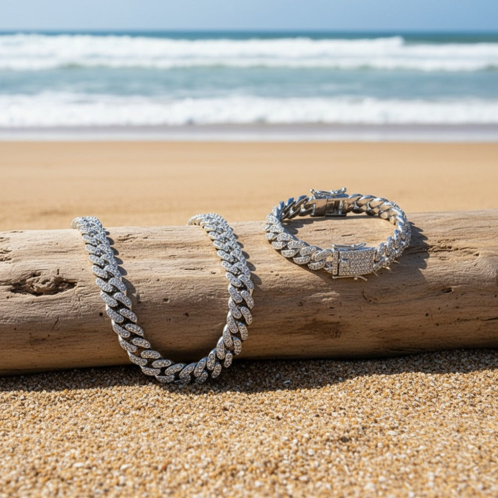 Silver Jewelry Set for Women - 925 Silver Cuban Chain, Necklace and Bracelet - product detail view 6