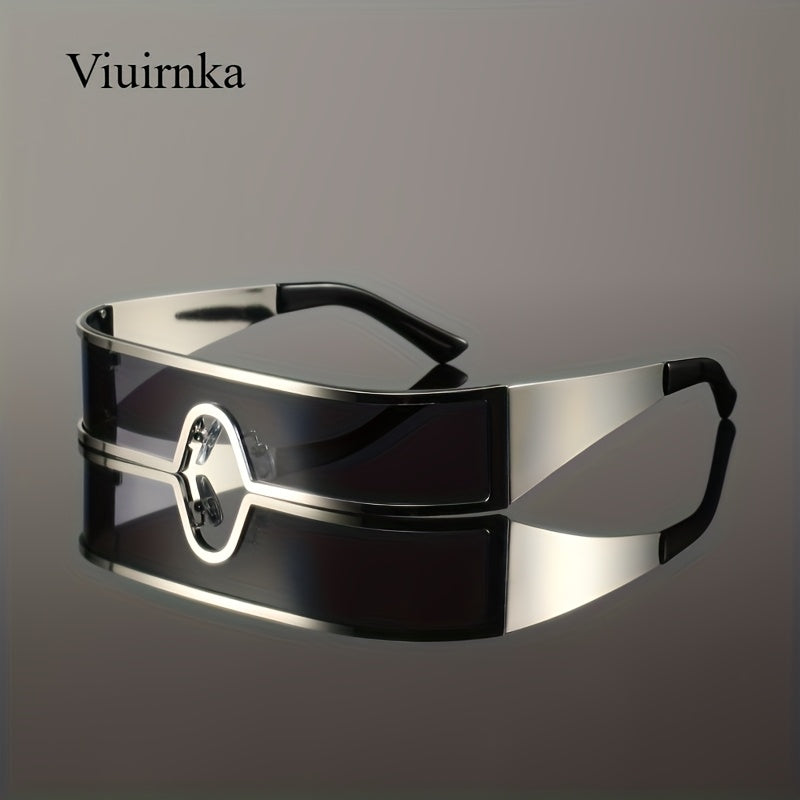Sunglasses for Men - Cyberpunk Wraparound Glasses Futuristic Wide Temple Metal Frame with Case - product detail view 23
