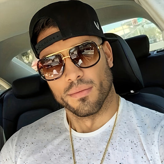 Sunglasses for Men - Double Bridge Glasses Black Frame Gold Decoration, Dual Beam Classic - product detail view 2