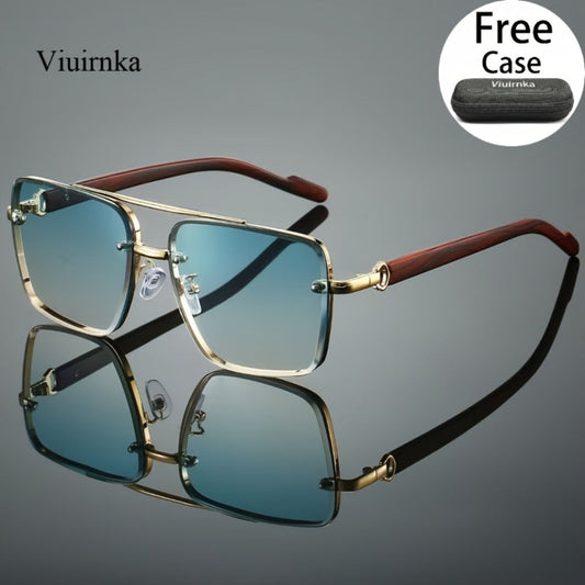 Sunglasses for Men - Double Bridge UV400 Wood Grain Luxury Frame - Square Retro Gradient Tinted - product detail view 2