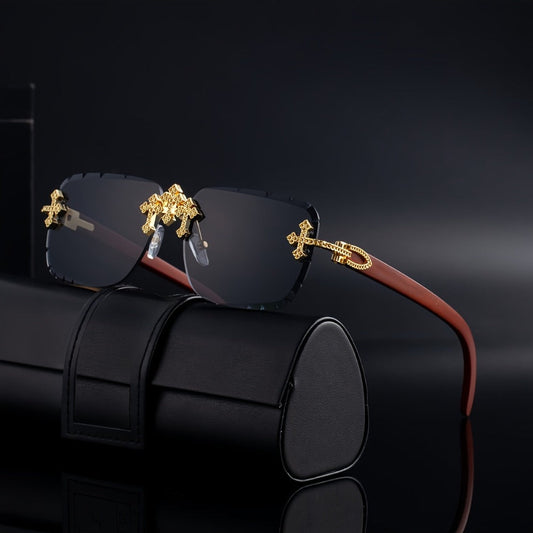Sunglasses for Men - Rimless Glasses for Frameless Square Retro Wood Grain Design, Gradient PC - product detail view 2