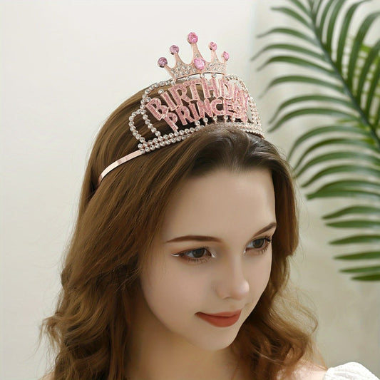 Tiara Crown - Headband Rhinestone Princess for Women Girls Glitter Rose Gold Letter Hair - product detail view 2