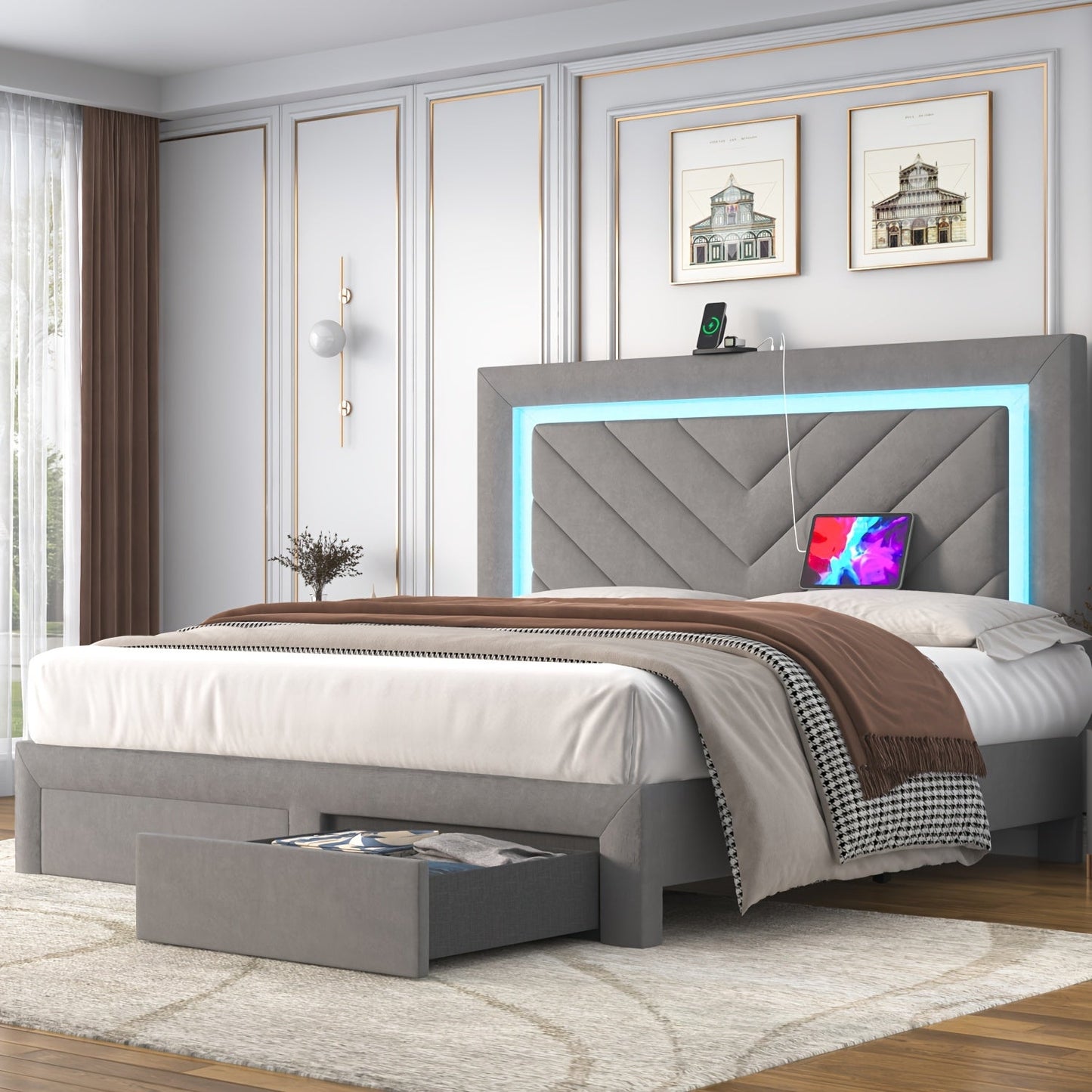 Bed Frame shown in the Grey, Queen option