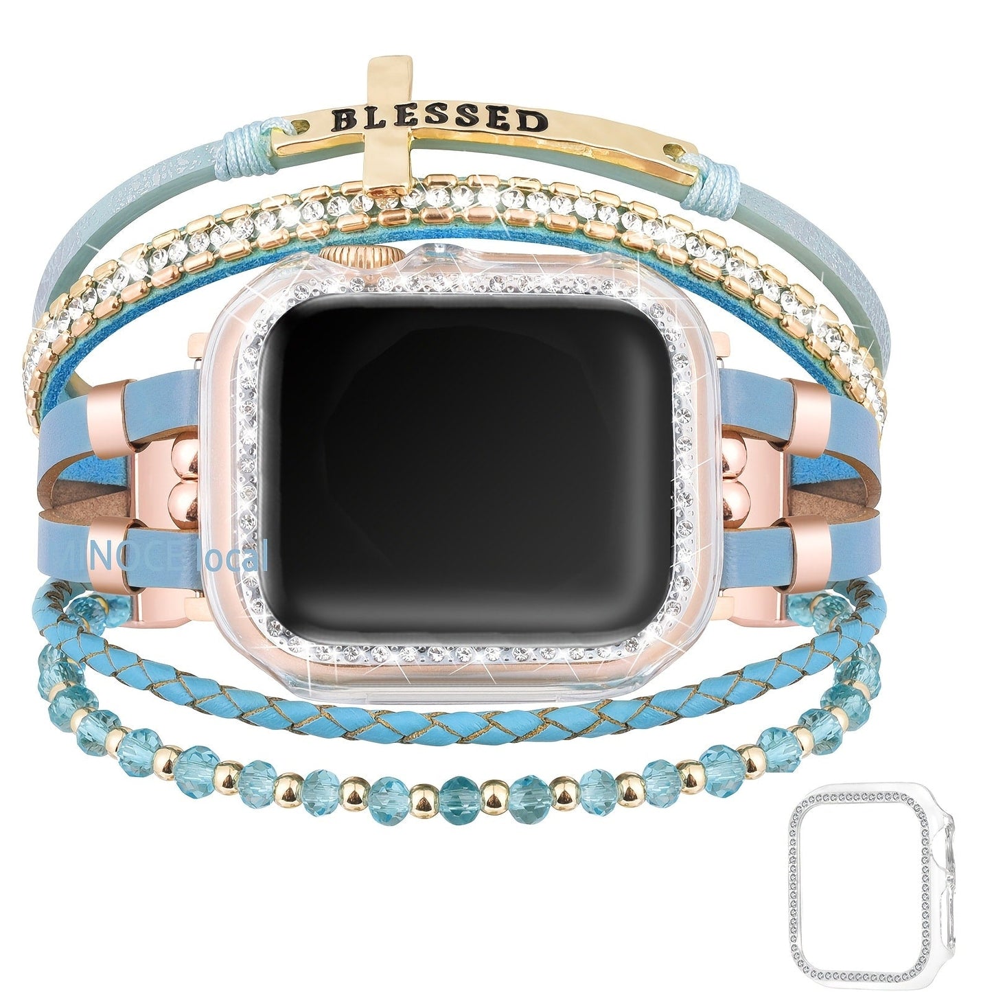 Boho Apple Watch Band 2-in-1 Bracelet & Protective Case for Women, Handmade Multilayer Wrap Strap with Glitter Bumper, Fits Apple Watch 38/40/41/42/44/45mm Series 9 8 7 6 5 4 3 2 1 SE โ Sky Blue Pink Gold