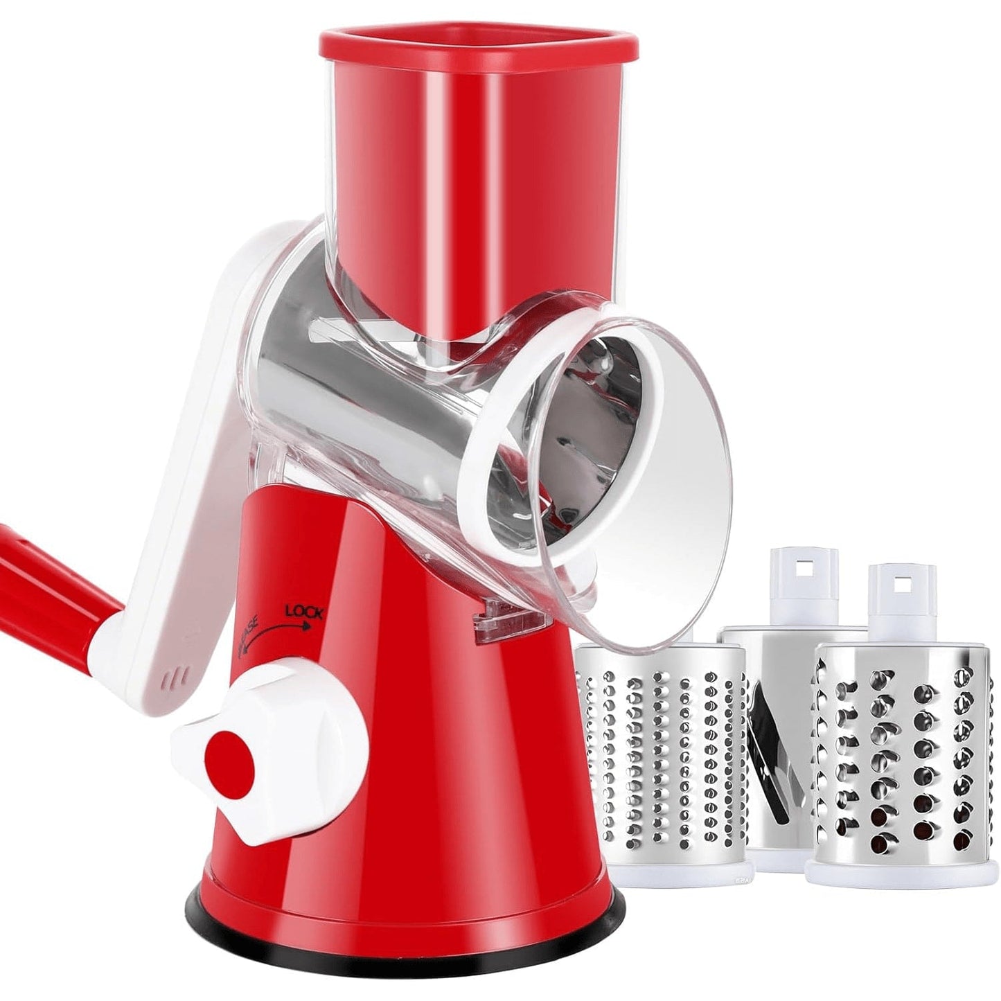 Rotary Cheese Grater – Stainless Steel Hand Crank Shredder with 3 Interchangeable Blades, Non-Slip Suction Base & Cleaning Brush, BPA-Free Vegetable Grater for Cheese, Nuts & Vegetables