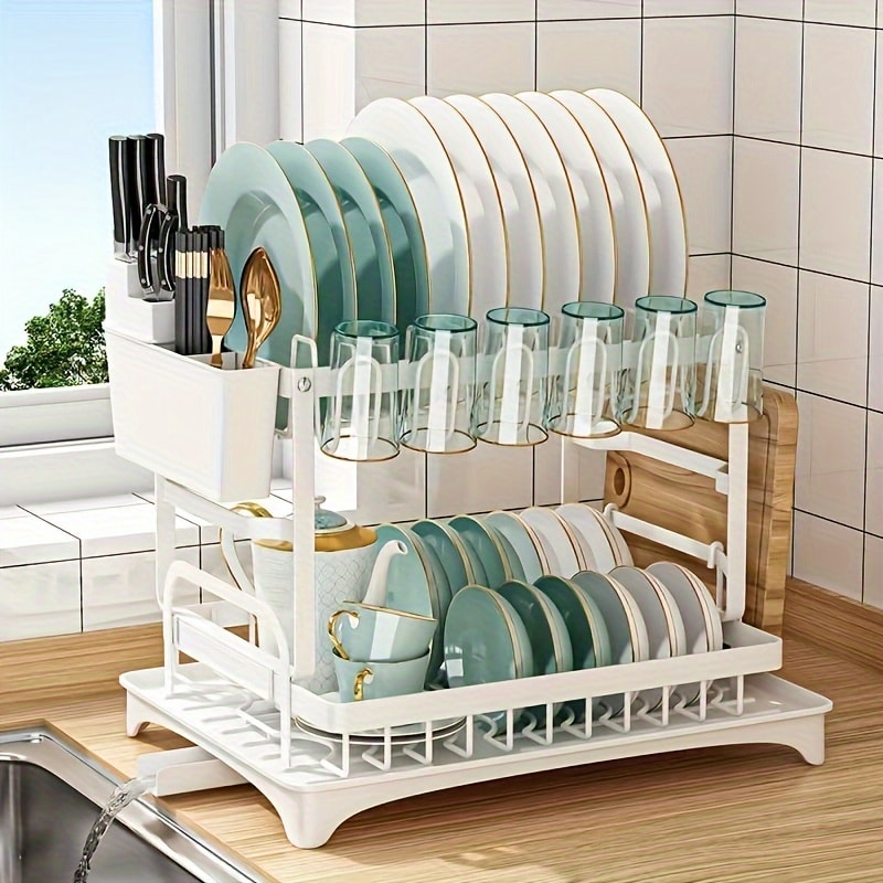 Two-Tier Dish Drying Rack with Rotating Drain Tray, Cup Holders and Black or White Frame Options