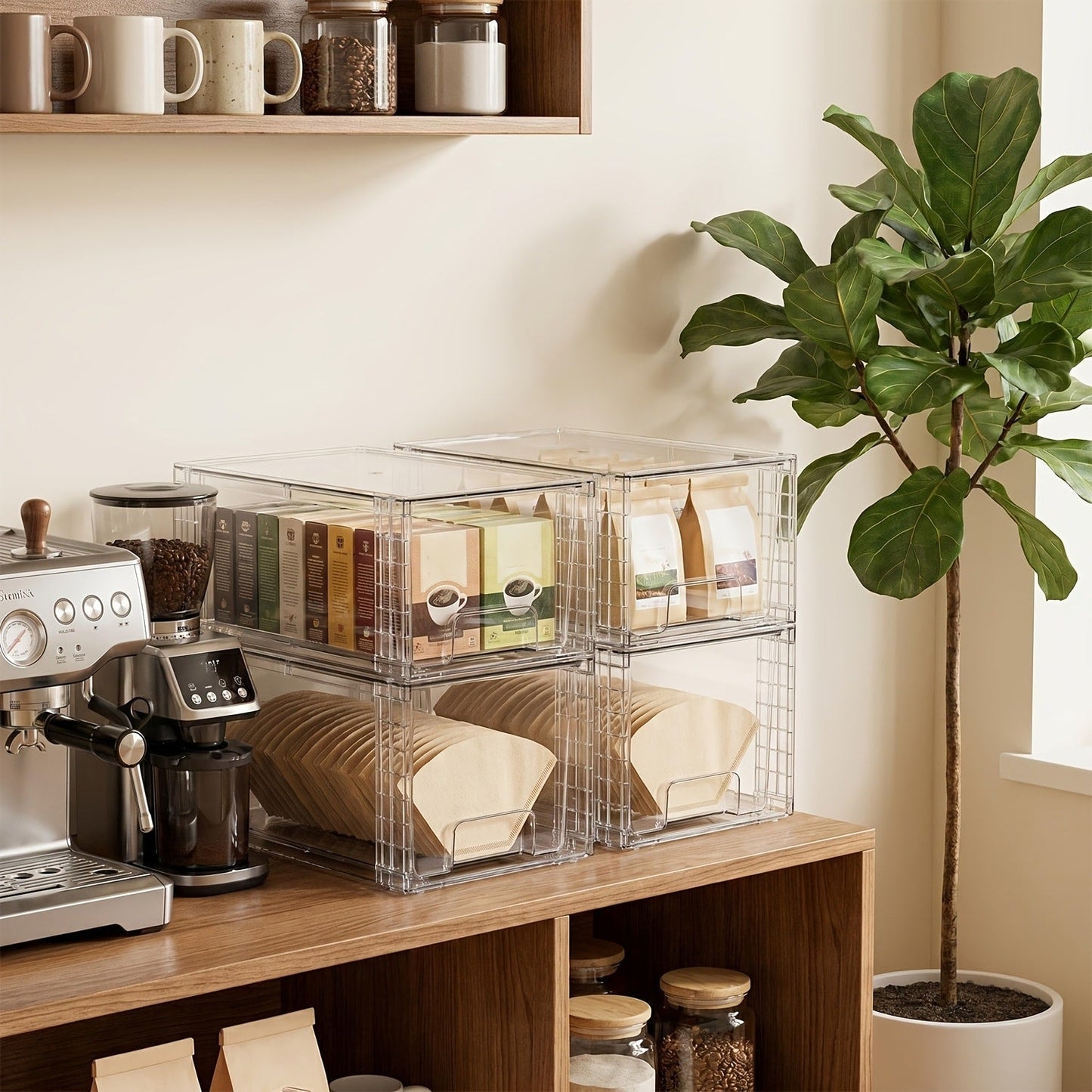 Stackable Bin Storage Organizer 3 or 4-Piece Clear Plastic Set with Lids and Handles in Mixed Sizes